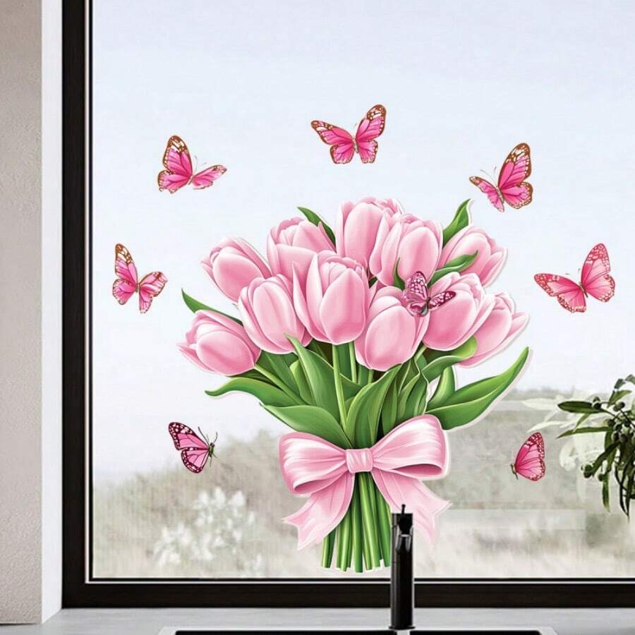1pc Painted Iris Flower Static Cling Window Film, European Church Style Glass Sticker, Privacy & Light Filtering Window Decor - Multicolor - View 1