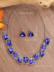 3PCS Vintage Geometric Triangle Necklace, Unique Exaggerated Luxurious Jewelry Set, Evening Dress Accessories, Earrings - 綠色 - 查看 4
