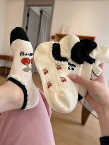 5 Pairs Women's Boat Socks, Non-Slip Boat Socks, Shallow Mouth Ruffle Design, Breathable Thin Socks For Spring/Summer, Cherry Stripe Socks, Black & White Contrast Versatile Invisible Socks - Multicolor - View 2