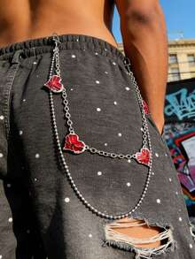 1pc Y2K Double-Layer Silver Pant Chain With Red Heart Pendant, Cute Streetwear Style Chain, Y2K Pant Chain, Double-Layer Metal Waist Chain, Red Heart Pendant, Enamel Heart Charm, Sweet Punk Style, Wallet Chain, Ball Chain, Thick Chain Link, Women Fashion Accessory, Girly Jewelry, Bag Charm, Music Festival Outfit, High Street Fashion - Multicolor - View 1