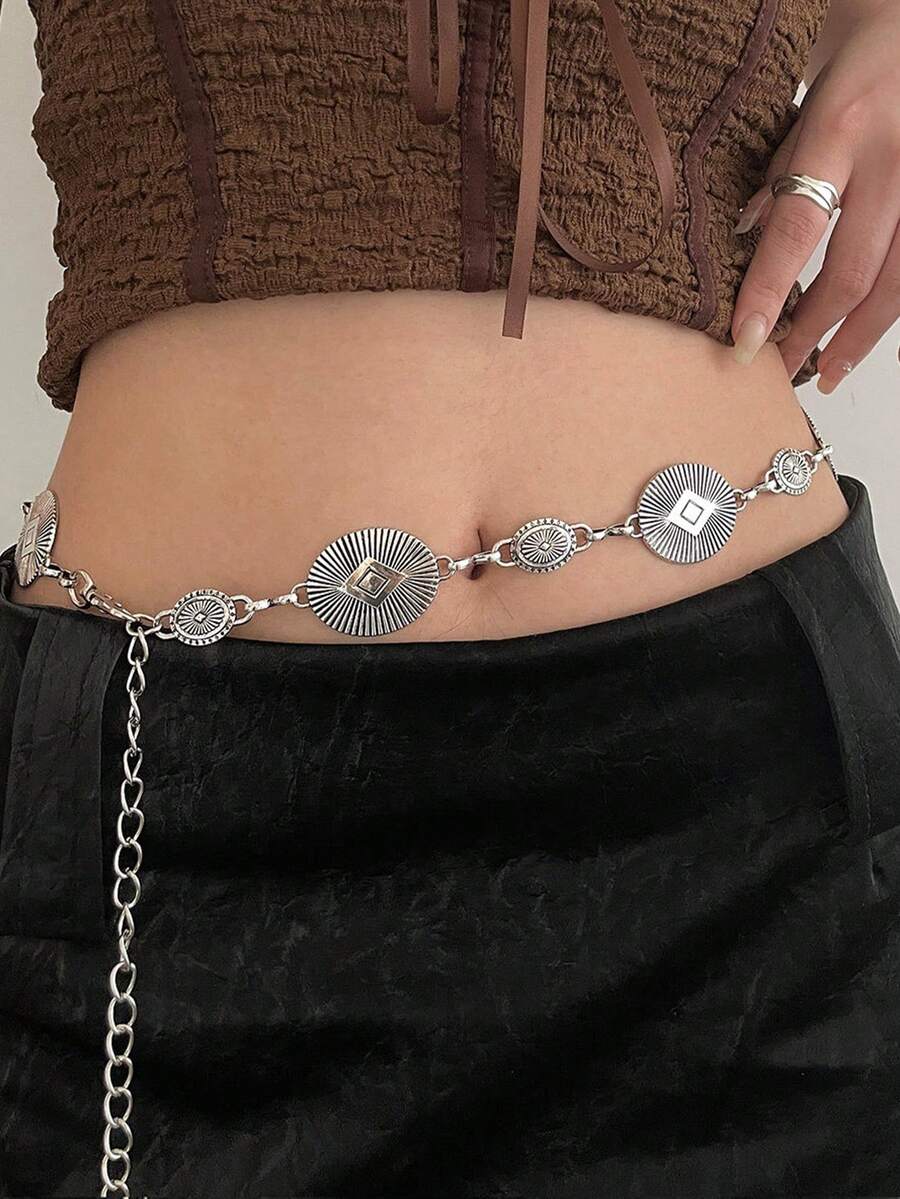 1 chiếc dây đeo eo hình oval dập nổi phong cách Bohemian bằng hợp kim mạ bạc dành cho nữ. - Bạc - Xem 1