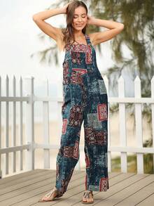 Bohemian Women's Loose Floral Bib Overall Jumpsuit With Pockets Patchwork Wide Leg Adjustable Strap Beach Vacation Outfits Summer - xanh lam-xanh lục - Xem 1