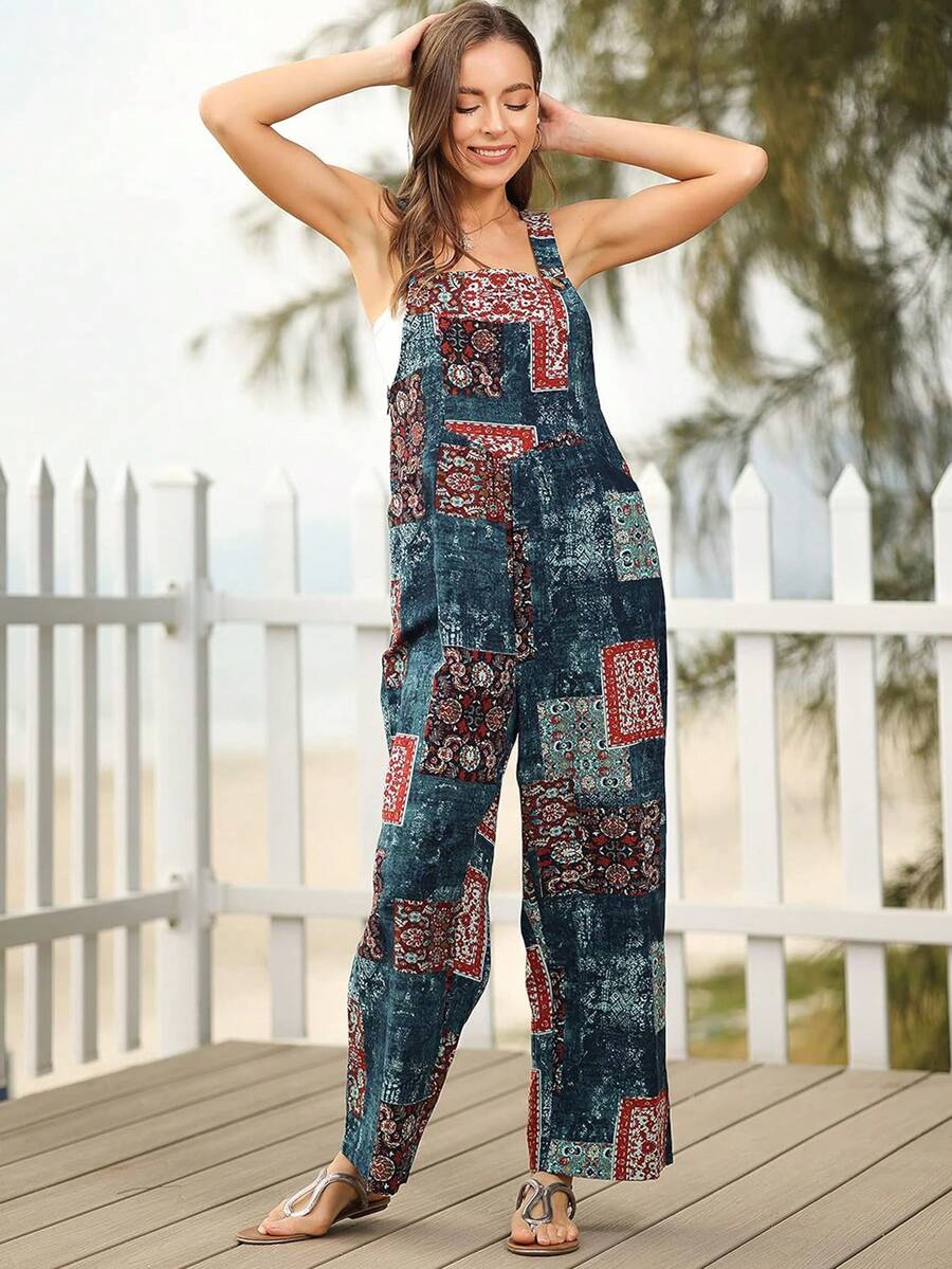 Bohemian Women's Loose Floral Bib Overall Jumpsuit With Pockets Patchwork Wide Leg Adjustable Strap Beach Vacation Outfits Summer - xanh lam-xanh lục - Xem 1