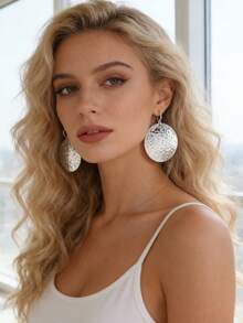 1 Pair Bohemian Minimalist Round Pendant Earrings, Suitable For All Occasions, Perfect Holiday Gift - Antique Silver - View 2