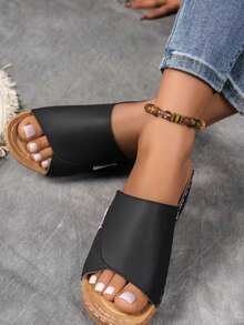 Women's Fashion Solid Color Wedge Sandals - Comfortable Arch Support, Breathable Outdoor Sandals - Stylish And Versatile, Soft Sole, Easy For Everyday Wear, Casual Open-Toe Slip-On Sandals With A Mid-Heel And Faux Leather Sole. Sold By MagiMoBo Women's Shoes. - màu đen - Xem 2