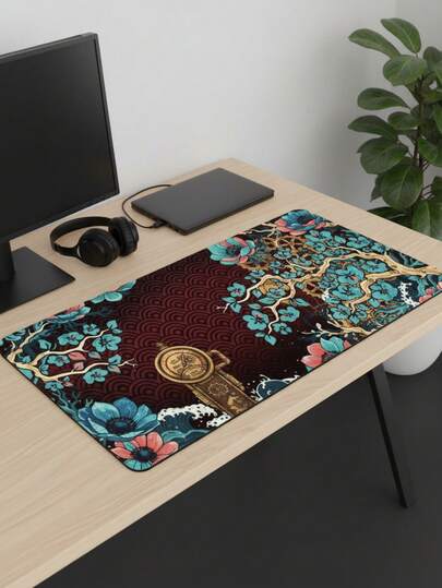 Extra Large Gaming Desk Mat And Mouse Pad - Japanese Ukiyo-E Floral And Steampunk Clock Design, Red Wavy Retro Texture, Non-Slip Rubber Base, Smooth Desk Pad For Keyboard, Desk Or Book Stand, Suitable For Gamers, Office And Dorm, Compatible With Mouse And Trackball