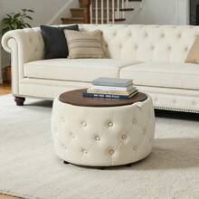 Luxurious Set Of Two Nesting Velvet Stools, 4-In-1 Function, Round Storage Stool With Wooden Shelf, No Assembly Required, Beige (58 Cm X 58 Cm X 38 Cm) - Beige - View 4