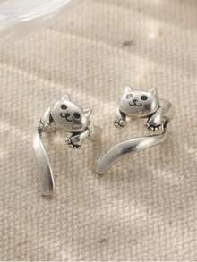 1 Pair Cute Retro Cat Clip-On Earrings, Creative Fashion Earrings, Perfect Daily And Festival Gift For Women - Antique Silver - View 10