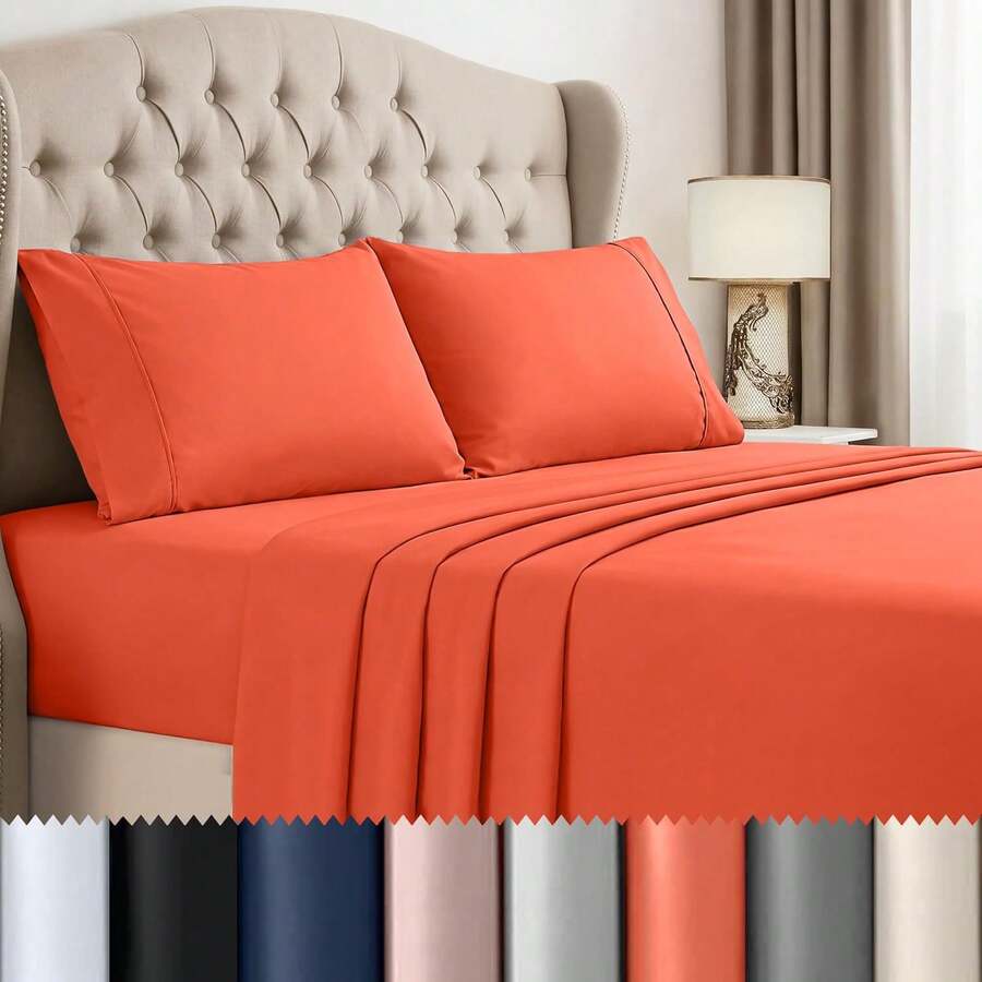 Beddora Queen Size Bed Sheet Set In Orange – 4 Piece Microfiber Sheets, Ultra-Soft, Deep Pocket, Wrinkle-Resistant, Easy Care, Adult - Màu Cam cháy - Xem 1