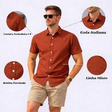 Men's Dress Shirt With Italian Collar, Short Sleeves, Slim Fit, Casual, Versatile, Elegant, Basic - 紅陶 - 查看 5