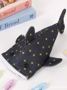 1个耐用帆布鲨鱼造型文具袋，饰有可爱星星图案，拉链设计，适合青少年和办公室使用，时尚牛仔风格 - 彩色 - 查看 6