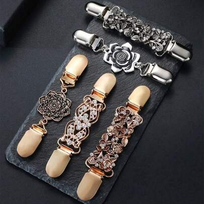 复古开衫领夹/腰带夹，女士衬衫胸针夹，胸针夹/腰带夹，衬衫胸针夹，银色花朵图案毛衣披肩夹/腰夹，开衫腰带夹，服装及礼品