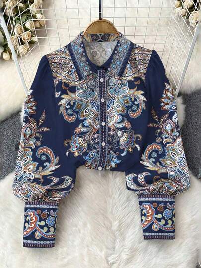 Women's Bohemian Style Printed Shirt Collar Vacation Dress, Elegant Women's Apparel, Festival Clothing, Turndown Collar Cardigan Long Sleeve Blouse Spring