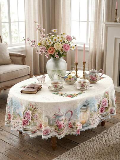 1 Peça Toalha de Mesa Floral Vintage com Barra de Renda, Aquarela Sakura, Rosa, Tulipa, Impressão de Peônia, Toalha de Mesa de Poliéster Impermeável, Lavável para Restaurante, Casa, Decoração de Primavera, Dia das Mães