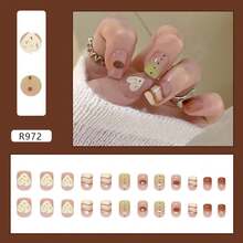 24pcs Short Almond Gradient Line Dot Heart Nail Stickers + 1pc Jelly Gel + 1pc Nail Buffer Block, Fashionable Girl Round Nails - Multicolor - View 3