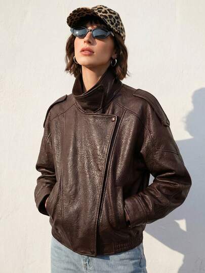 TRAFZA 女士宽松仿皮立领 PU 皮革夹克，时尚优雅休闲长袖拉链外套