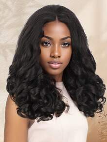 Tóc giả nửa đầu Yaki kiểu xoăn nhẹ, tóc nối nửa đầu Yaik, tóc giả nửa đầu kẹp cho nữ, tóc giả nửa đầu tự tạo kiểu nhanh chóng. - màu đen - Xem 1