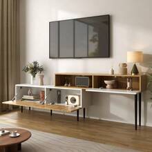 Modern TV Stand, Adjustable Length, Two-Piece Modular Design, Wood Grain Finish With Matte White Panel And Black Metal Legs, Multifunctional Living Room Furniture - Khaki - View 7