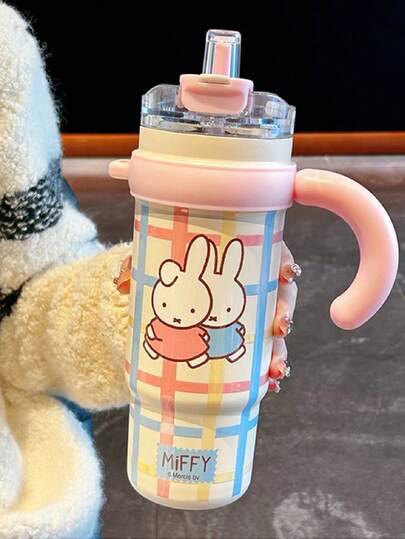  1个MIFFY 1000毫升大容量保温杯，可爱少女款，便携式办公杯，316不锈钢材质，户外车载两用，学生吸管杯，双头饮水杯