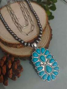 1pc Western Cowgirl Style Layered Necklace, Alloy Inlaid Turquoise Pendant, Suitable For Daily Wear And Parties - Turquoise Necklace - View 4