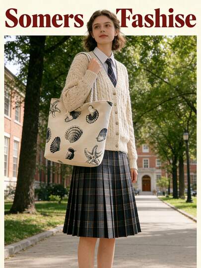 新作大容量シェル ヒトデ キャンバストートバッグ - アカデミックスタイル ロープショルダーストラップ クロスボディバッグ - 学生通勤や多用途な女性バッグに最適 - 旅行や日常使いにもギフトにも適しています