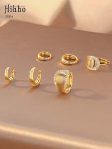 Hihho 6pcs Set Of Luxury Minimalist Hoop Earrings, Including Ombre Rhinestone, Plain, Heavy Rhinestone, And Striped Styles, Multiple Sizes Available, Clip-On Design For Easy Wear, Shining Gift For Girlfriend Or Best Friend - Gold - View 6