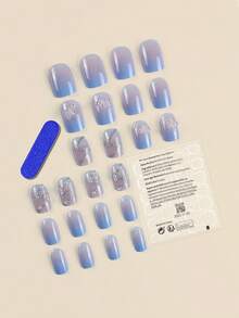 24pcs Press On Nails French Nails Y2k Blue And Pink Nails Short Coffin Ice-Clear Pearl With Diamonds Glitter 3D Butterfly Reusable Press On Acrylic Nails Fake Nails Nails Supplies Free Of 24 Pieces Of Jelly Tabs And A Mini File - Baby Blue - View 2