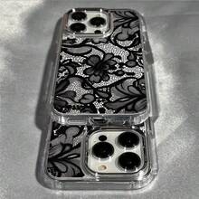 蕾絲極簡黑色合金時尚 TPU 1件裝黑色蕾絲花朵金屬框架 TPU 手機殼，適用於 Apple 17 16 15 14 13 12 11 XS XR X 8 7 Plus Pro Max 系列，個性化 INS 風格防護套，極簡商務防摔高端手機殼 春季禮物派對 - 多色3 - 查看 5