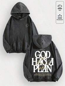 1pcsMen's Unisex "God Has His Plans - Faith Enlightenment" Printed Cotton Hoodie, Vintage Casual Fashion Daily Soft Warm Hoodie, Suitable For Streetwear And Spiritual Aesthetic Enthusiasts, Men's Winter Clothing - 黑色 - 查看 1
