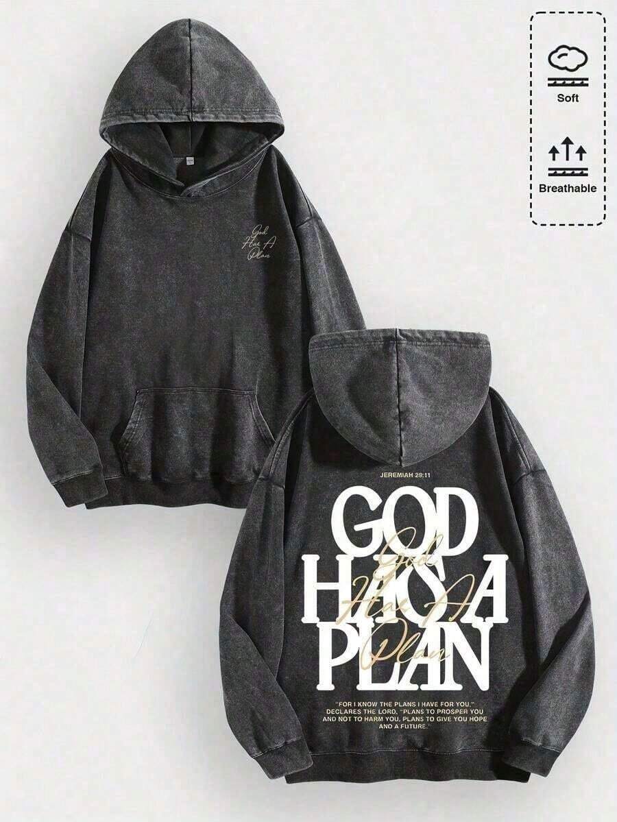 1pcsMen's Unisex "God Has His Plans - Faith Enlightenment" Printed Cotton Hoodie, Vintage Casual Fashion Daily Soft Warm Hoodie, Suitable For Streetwear And Spiritual Aesthetic Enthusiasts, Men's Winter Clothing - 黑色 - 查看 1