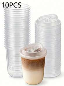 10/20 Sets Of 16-Ounce Disposable Transparent Plastic Coffee Cups (With Lids), In U-Shaped Round-Bottom And Flat-Bottom Styles, Suitable For Holding Coffee, Latte, Layered Cold Drinks And Milk Tea. - Transparent - View 12