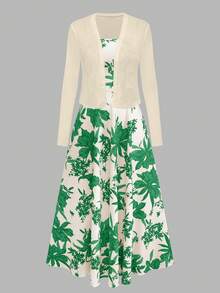 Women's Spaghetti Strap Floral Print Waist Flare Dress With Knit Cardigan Bohemian Print Set Vacation - Green - View 4