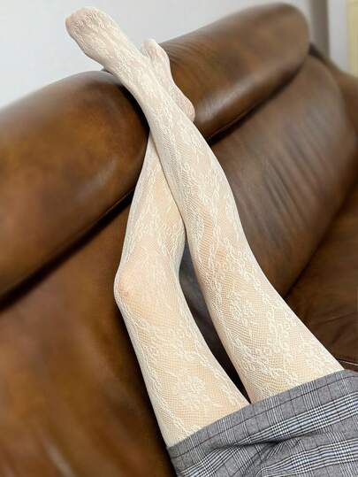 春季新款女士黑色提花渔网连裤袜，防勾丝