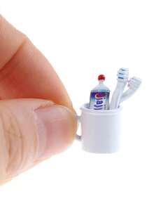 1入娃娃屋迷你牙刷架套裝金屬材質1:6 1:12比例模型房屋浴室裝飾(隨機牙膏和杯子) - 牙齒護理套裝 - 查看 5