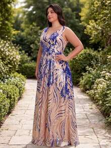 Romagic 曲线款无袖亮片长款连衣裙，V领露背系带A字优雅舞会礼服，春夏款 - 藍色 - 查看 3