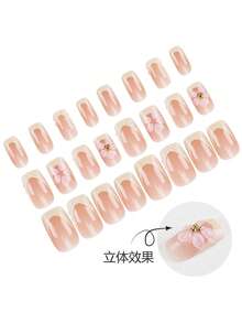 24 Pieces Press On Nails Square/Naked Translucent Powder+Milky White French+Three-Dimensional Flowers, Perfectly Blending French Elegance And Spring Romance, Suitable For Gentle Scenes Such As Dates, Afternoon Tea, Weddings, Etc., It Is A Typical Pure Desire Style Spring Nail Art - Multicolor - View 3