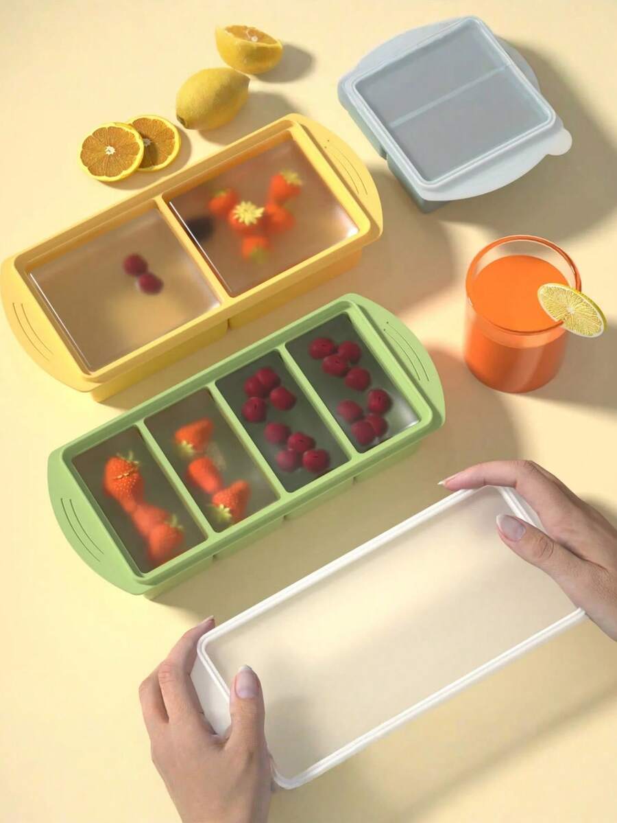带盖硅胶冰格 - 硅胶冷冻食品模具 - 大号冰格，硅胶冷冻容器，用于冷冻和储存汤、酱汁、肉汤、剩菜 - 可制作 4 个完美的 1 杯冰块 - 多 - 查看 1