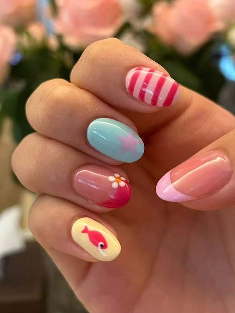 24pcs Oval Short Spring/Summer Press-On Nails, Cute Striped Fish, Flower, Star French Manicure Fake Nails With Bright Colors, Suitable For Beach, Party, Gathering And Daily Decoration - Multicolor - View 1