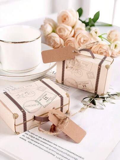 50pcs Creative Suitcase Gift Boxes, Stamps, Retro Paper Airplane Candy Boxes, Party Decorations Packaging Gift Boxes, Birthday Baking Gift Boxes, Simple Home Gift Boxes, Travel Small Gifts