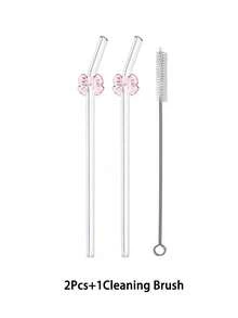 2Pcs Cute Cartoon Glass Drinking Straws With Large Bow/Bowknot Stuff,Reusable Bent Clear Glass Straws Cutlery Set,For Kitchen Accessories,Water Cup,Straw Topper,Smoothies, Milk Tea, Juice, Cocktails, Cold Drinks,Bar,Back-To-School,Hen Party Supplies,Wedding,Travel,Funny Gift For Girlfriend/Boyfriend,Graduation Season,And Party Supplies.Easter Gifts,Summer,Holiday Travel Essentia. - View 8