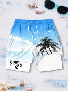 男士海龟棕榈树印花双层沙滩短裤，男士度假风沙滩裤 - 彩色 - 查看 2