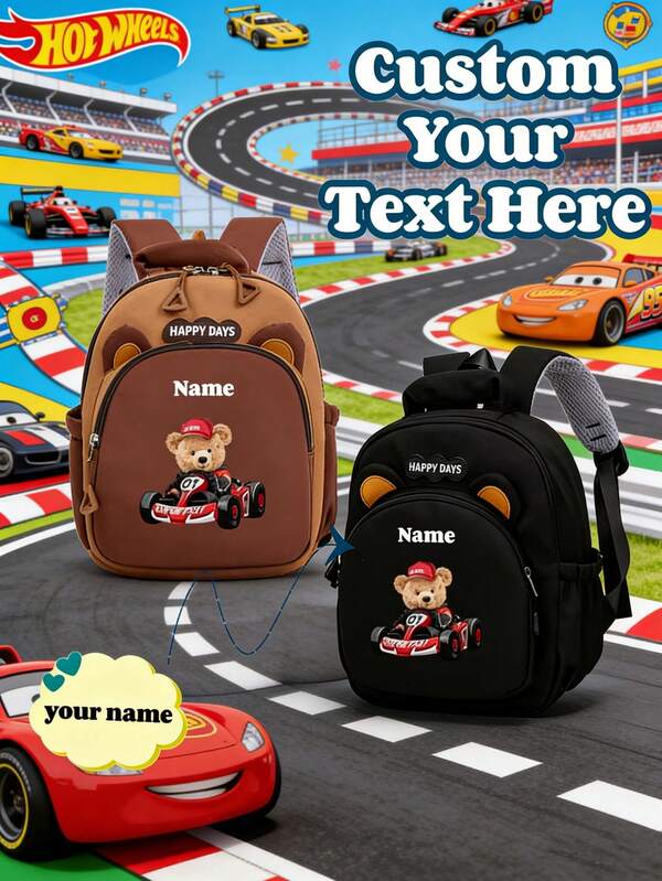 1pc Mini Customizable Cute Cartoon Bear Racing Print Backpack. Handheld And Adjustable Shoulder Strap, Zipper Closure, Nylon Material. Suitable For Daily Use, Outings, Shopping And Travel. Also An Excellent Birthday Or Christmas Gift.