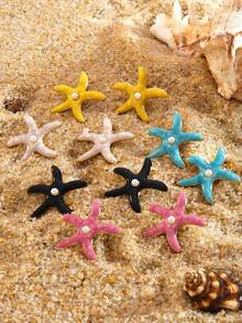 1 Set Asymmetrical Starfish Design Stainless Steel & Plastic Earrings, Fashionable & Elegant, Suitable For Women's Beach Vacation, Gathering With Friends, Or Beach Dates - Yellow Gold - View 10