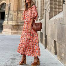 European And American Plus Size Women Loose Fit Bohemian Round Neck Lantern Sleeve Sweet Girl Dress Summer Casual Beach Party Mini Dress - Kim cương đỏ - Xem 11