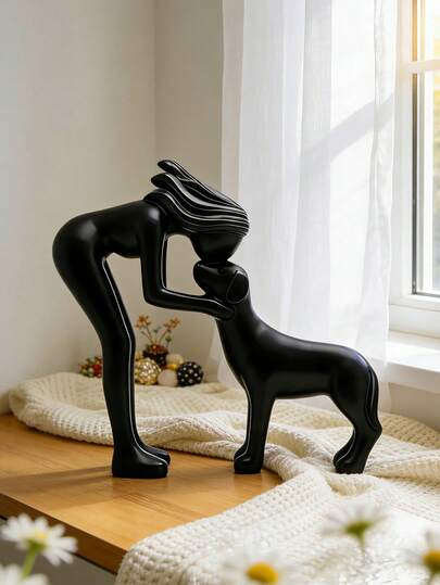 مجموعة تماثيل راتنجية مجردة حديثة للمرأة والكلب، نحت محبي الحيوانات الأليفة بسيط باللون الأبيض/الأسود/المرقط، ديكور منزلي مؤثر للغرفة المعيشة وغرفة النوم والمكتب والمدخل، هدية مثالية لأصحاب الكلاب وهدايا الاحتفالات والمنزل الجديد، تأثير بوهيمي لطاولة القهوة والرف الكتب