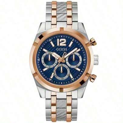  Reloj de pulsera para hombre, reloj de cuarzo de lujo y moda, reloj cronógrafo multifunción de acero inoxidable para hombre, esfera azul con correa de acero inoxidable de color contrastante, regalo de marca de accesorios, regalo para novio, reloj versátil para uso casual y de negocios, accesorio de reloj de moda para hombre, Serie Resistencia GUESS con caja de reloj original GW0714G3