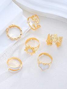 Bộ 6 chiếc nhẫn đơn giản & thời trang kiểu cổ điển hình trái tim giọt dầu và hoa hướng dương, thích hợp cho nữ, các cặp đôi, đi nghỉ mát, hẹn hò, mặc hàng ngày, dự tiệc, đám cưới, làm quà tặng cho mẹ, bạn bè. - Vàng - Xem 4