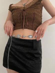 1 chiếc dây đeo eo hình oval dập nổi phong cách Bohemian bằng hợp kim mạ bạc dành cho nữ. - Bạc - Xem 2