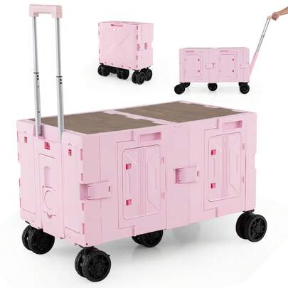  COSTWAY Large Foldable Utility Cart W/ 2-Tier Storage Crates, 5 Rotate Wheels, Metal Telescoping Handle, Portable Rolling Trolley Collapsible Cart For Grocery Shopping Camping Luggage Moving Travel, Pink