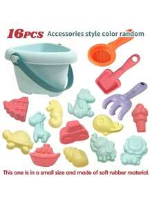 21pcs 2026 New Beach Toy Set - Beach Bucket, Sand Digging Toys, Foldable Beach Bucket, Beach Shovel, Durable, Soft Rubber, For Boys & Girls, Interactive Games, Water Absorbing (Assorted Set Models & Colors) - Multicolor - View 16
